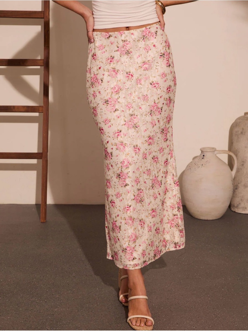 Vici Cream Maxi Skirt with Pink Floral Print - Picture 2 of 3